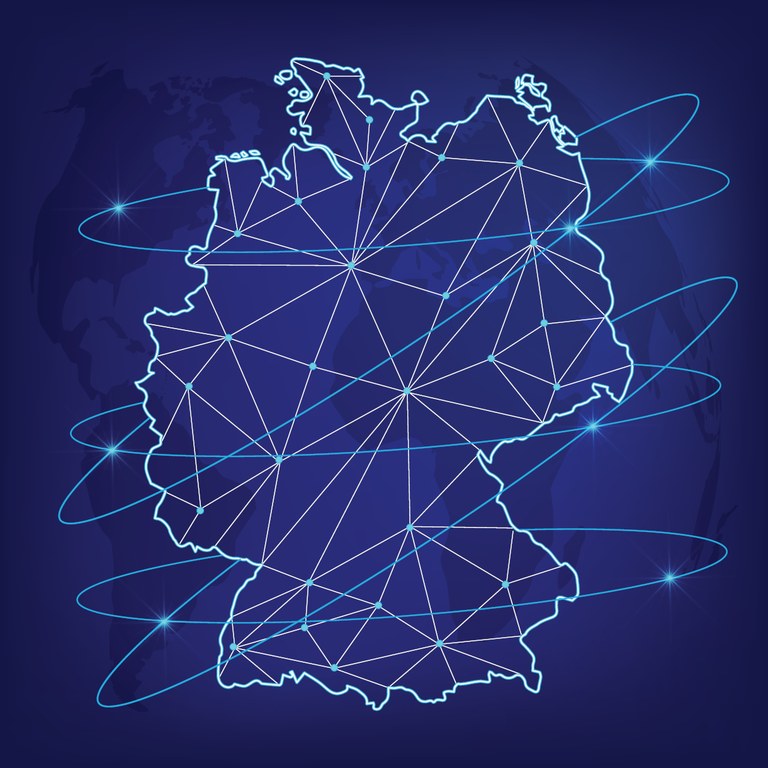 Karte von Deutschland mit Kommunikationsnetzwerk-Knoten im polygonalen Stil.