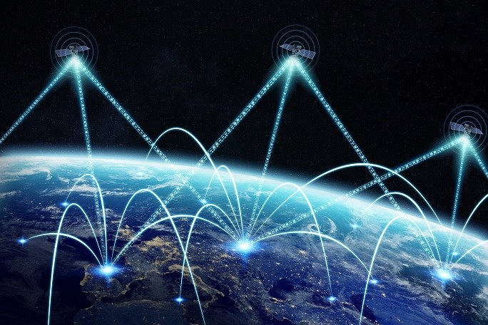 Darstellung der Kommunikationsnetzwerke zwischen der Sateliten und den Basisstationen auf der Erde